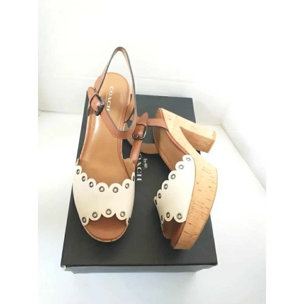 New! COACH Women's Platform Leather Sandals Shoes Chunky Heel Open-Toe Size 9